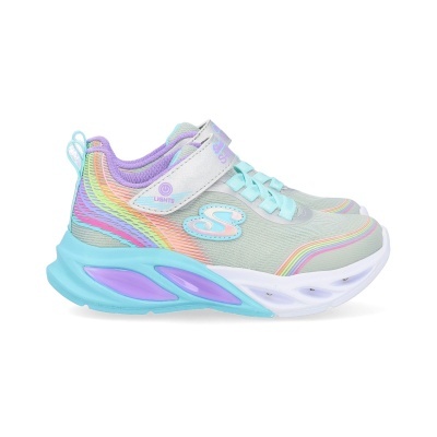 Ténis infantis azuis claros com detalhes coloridos e fecho em velcro.