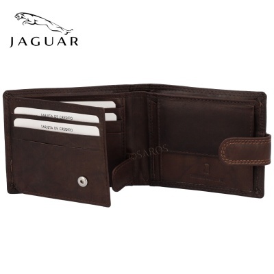 Carteira masculina de couro castanho com várias divisórias e fecho de botão