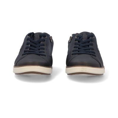 Par de sapatilhas masculinas pretas com atacadores azul escuro e zíper lateral