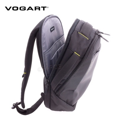 Mochila preta Vogart com detalhes amarelos e interior cinzento aberta