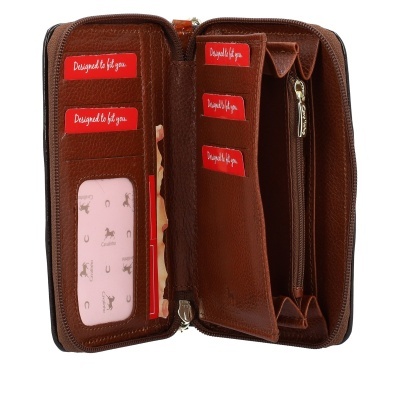 Carteira castanha de pele com fecho de correr e múltiplos compartimentos internos