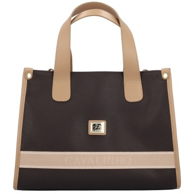 Mala de mão castanha e bege Cavalinho com logótipo em placa metálica