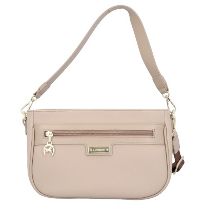 Mala de ombro bege com fecho de correr e placa Cravinho