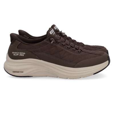 Ténis castanhos Skechers Slip-Ins com sola branca e detalhes de costura