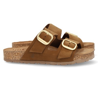 Sandálias castanhas tipo birkenstock com fivelas douradas e sola de cortiça
