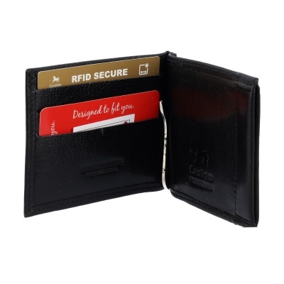 Carteira de pele preta aberta com cartões RFID e clipe metálico para dinheiro