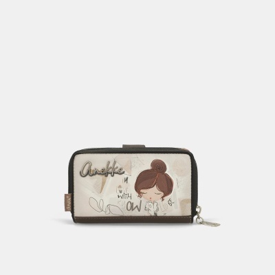 Carteira Anekke bege e castanha com ilustração de rapariga e texto