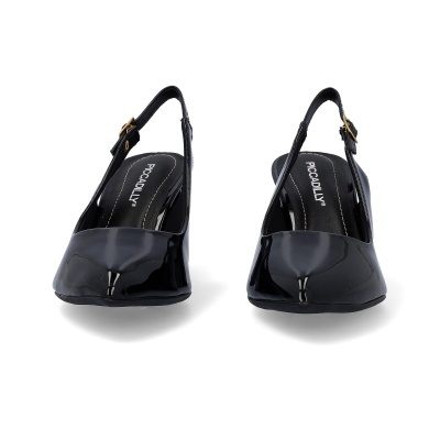 Sapatos de senhora pretos de verniz com tira traseira