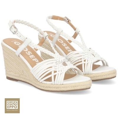 Sandálias de cunha brancas Gioseppo com tiras entrelaçadas e cunha de ráfia.