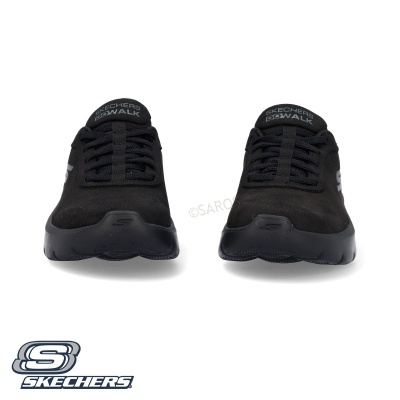 Sapatilhas pretas Skechers Go Walk com sola preta e logótipo cinza, vista frontal