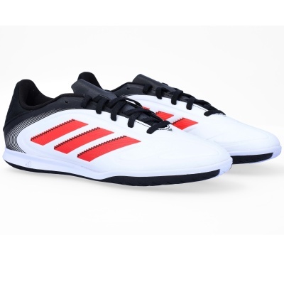 Sapatilhas desportivas brancas com riscas vermelhas e pretas