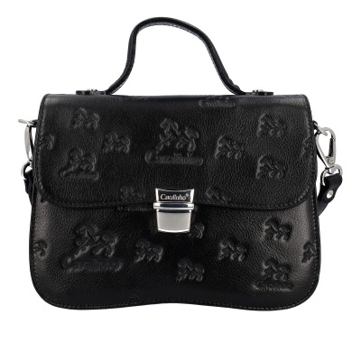 Mala preta com padrão em relevo e fecho metálico prateado