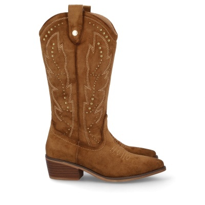 Botas de cowboy castanhas em camurça com detalhes bordados e tachas