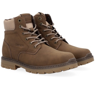 Botas Levis castanhas com atacadores brancos e castanhos e sola castanha clara