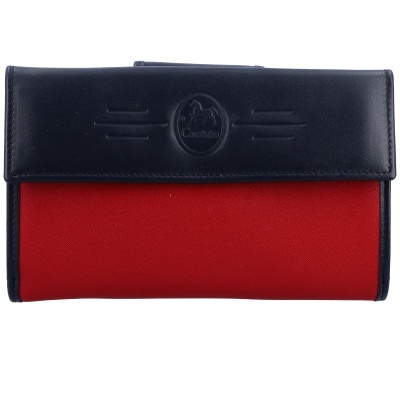 Carteira vermelha com aba azul escura e logótipo Cavalinho
