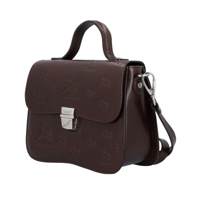 Mala de mão castanha escura em pele com padrão de cavalos e fecho metálico