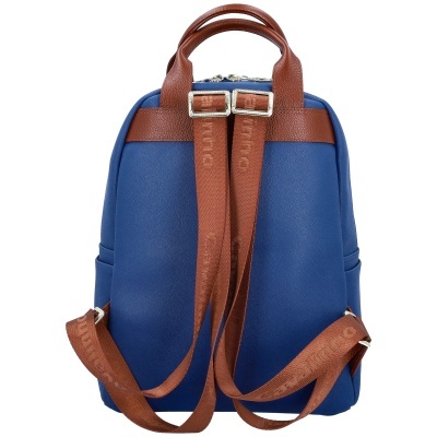 Mochila azul com alças castanhas em pele e tecido com letras
