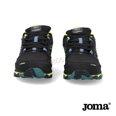 Par de ténis desportivos pretos com detalhes azuis e amarelos