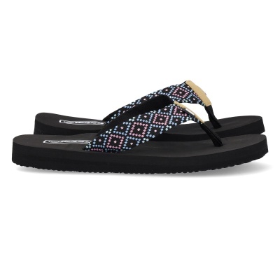 Sandálias chinelo com sola preta e tiras com padrão geométrico colorido