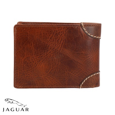Carteira de couro castanho com costuras brancas e logótipo Jaguar