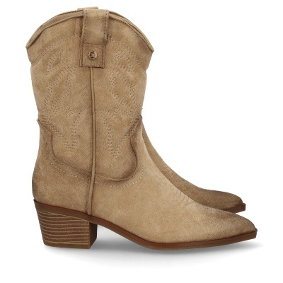 Botas cowboy bege de camurça com salto médio e costuras decorativas