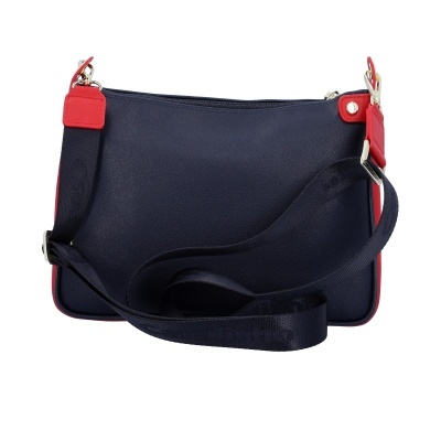 Mala tiracolo azul escuro com detalhes vermelhos e alça ajustável