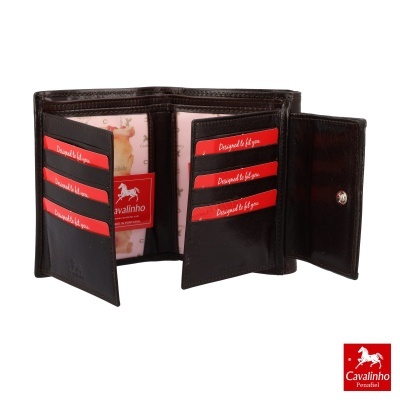 Carteira de pele castanha escura com compartimentos e logótipo Cavalinho