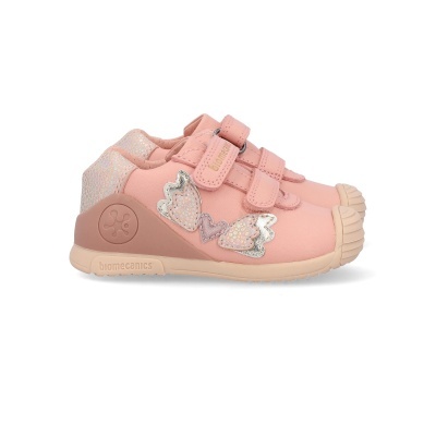 Sapatilhas infantis cor-de-rosa com velcro e asas brilhantes.