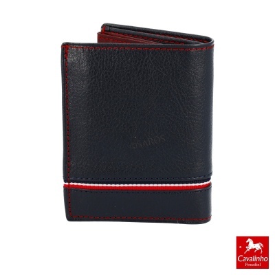 Carteira preta em pele com detalhes vermelhos e faixa tricolor