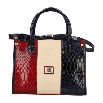 Mala de senhora com padrão pele de crocodilo em verniz nas cores vermelho, bege e azul escuro com logótipo Cavalinho