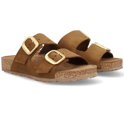 Sandálias castanhas de duas tiras com fivelas douradas e sola de cortiça