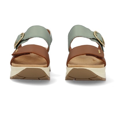 Sandálias abertas com tiras verde e castanho e fivela dourada