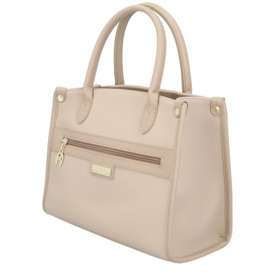 Mala feminina bege clara com alças duplas e fecho de correr frontal
