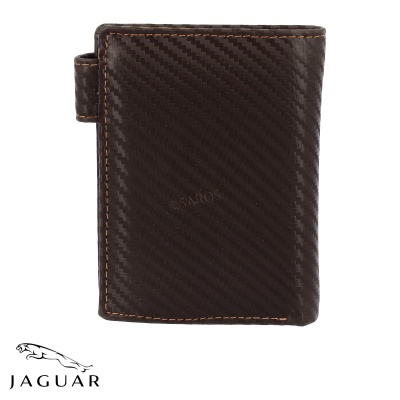 Carteira masculina preta com textura, costura castanha e marca Jaguar