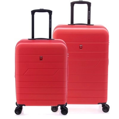 Conjunto de malas rígidas vermelhas com rodas e pegas telescópicas pretas
