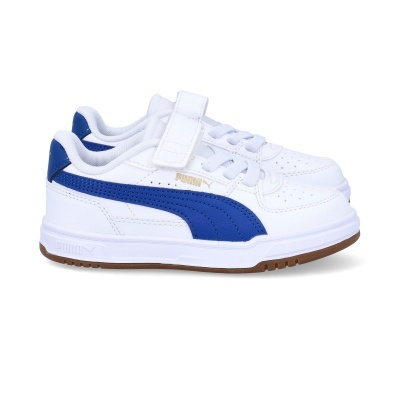 Sapatilhas infantis brancas com detalhes azuis e sola castanha da marca PUMA