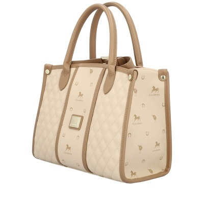 Mala de mão bege e castanha com padrão Cavalinho e alças fixas