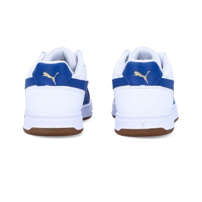 Sapatilhas brancas e azuis com logótipo Puma dourado na traseira