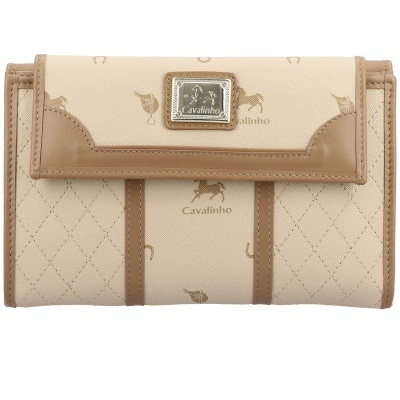 Carteira Cavalinho bege com padrão de diamantes e cavalos, detalhes em pele castanha