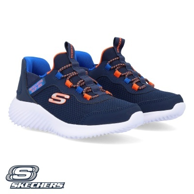 Sapatilhas Skechers azuis escuras com detalhes em laranja, sola branca e logotipo Skechers