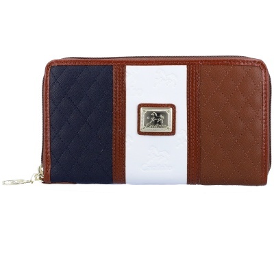 Carteira retangular com painéis azul escuro, branco e castanho com padrão quadriculado e logotipo de cavalo