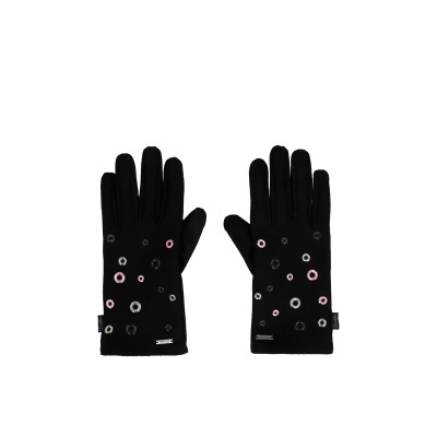 Luvas pretas com ilhóses rosa e prateados