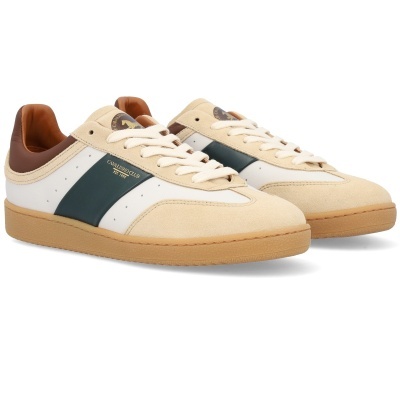 Sapatilhas bege, branco, castanho e verde escuro com sola castanha