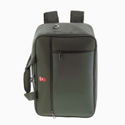 Mochila verde escura com bolso frontal e alças acolchoadas