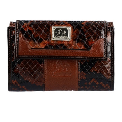 Carteira de senhora com padrão de pele de cobra castanha e preta e placa metálica Cavalinho