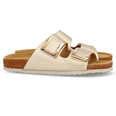 Sandálias douradas com duas tiras e fivelas metálicas, sola tipo cortiça
