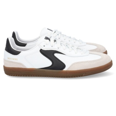 Sapatilhas brancas Skechers com detalhes bege e preto e sola castanha