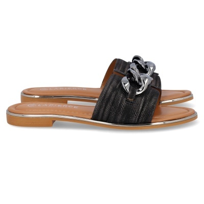 Sandálias de senhora com sola castanha clara e detalhes metálicos prateados