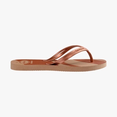 Chinelo Havaianas com sola bege e castanha e tiras metálicas bronze