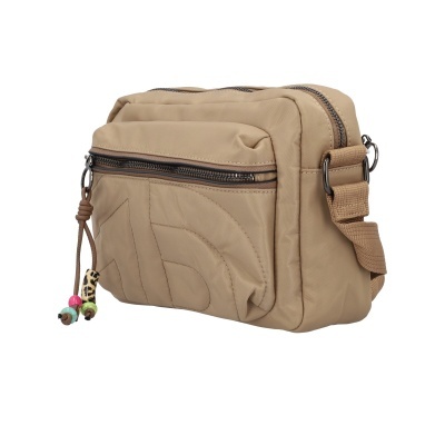 Mala bandoleira bege com padrão acolchoado e fecho de correr